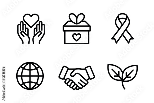 Simple outline icons representing charity, donation, and environmental care concepts