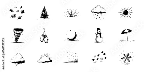 Seasonal Weather And Nature Elements Doodle Sketch Set. Illustrations Of Weather Patterns And Seasonal Changes In Hand Drawn Style Collection. Isolated Vector Illustration