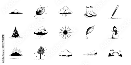 Weather And Seasonal Elements Doodle Sketch Set. Nature And Climate Symbols In Hand Drawn Style Collection. Includes Sun, Clouds, Rain, Snow, Trees, And Thermometer. Isolated Vector Illustration