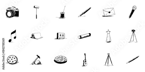 Camera, Art, And Music Doodle Sketch Set. Creative Expression And Artistic Tools In Hand Drawn Style Collection. Photography, Music, And Craft Elements. Isolated Vector Illustration