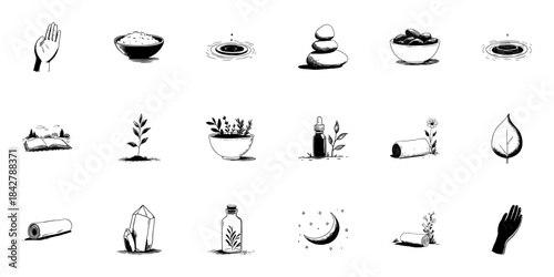 Hand Drawn Wellness And Nature Elements Doodle Sketch Set. Holistic Health, Relaxation, And Natural Living Symbols In Hand Drawn Style Collection. Isolated Vector Illustration