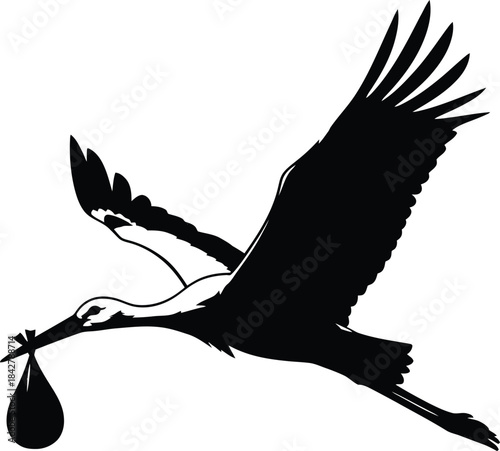 Flying Stork Carrying Baby Bundle – Vector Silhouette