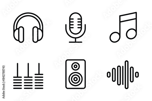 A set of minimalist music and audio technology line icons on a white background