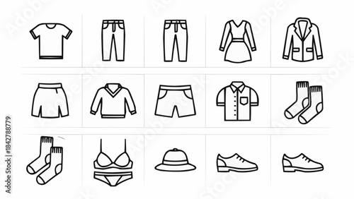 Collection of various clothing and accessory line icons on a white background.