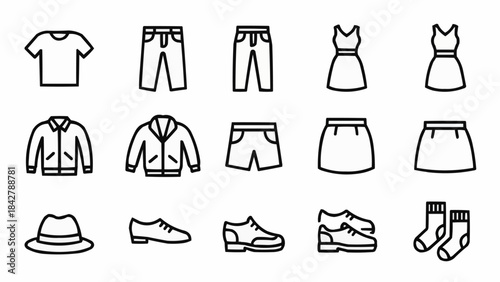 Collection of clothing and footwear icons for fashion and style.