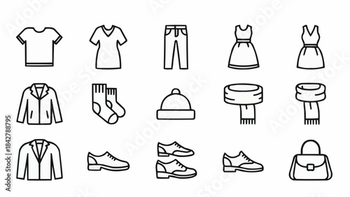 Collection of clothing and accessory icons for fashion and style.