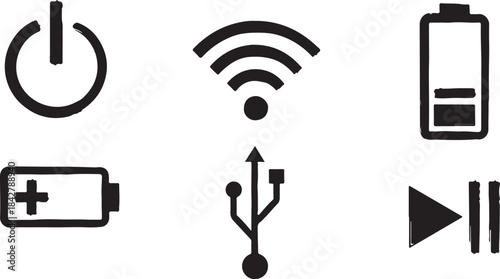 Essential Digital Interface Icons for Power, Connectivity, Charging, and Media Control