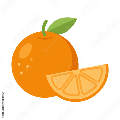 Whole orange with sliced segment and green leaf illustration on white background
