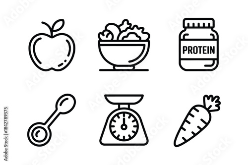 Healthy eating and nutrition icons including apple, salad, protein, scale, and carrot