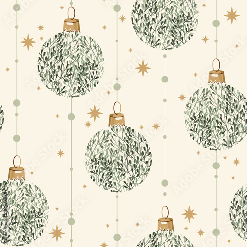 Seamless pattern with balls, herbs and berries on light background. Perfect for holiday invitations, winter greeting cards, wallpaper