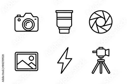 A collection of six photography and videography related line art icons on a white background