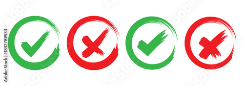 Set of Check Mark And Cross Mark In Grunge Style. Brush hand drawn circle Green Checkmark and red cross icons. You can use it in your work. Vector illustration. Eps 10.