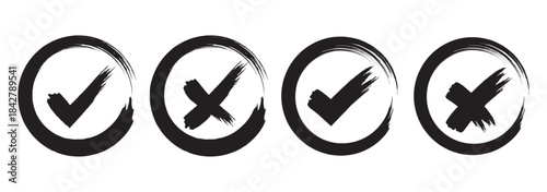 Check mark icons set. Black brush stroke check mark, tick symbols, checklist signs. Grunge brush stroke signs. Grunge checkmark design. Dirty grunge stroke checkmark sign vector illustration. EPS 10.