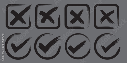 Check mark icons set. Black brush stroke check mark, tick symbols, checklist signs. Grunge brush stroke signs. Grunge checkmark design. Dirty grunge stroke checkmark sign vector illustration. EPS 10.