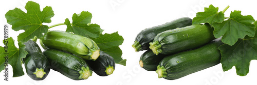 Green zucchinis with leaves on transparent background isolated on a transparent background
