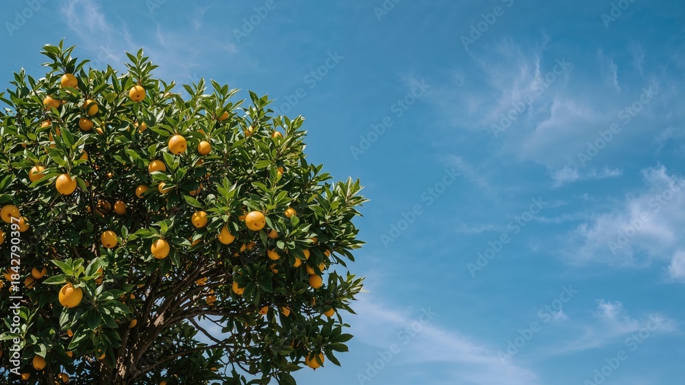 Naklejka premium Orange tree with ripe fruit under a blue sky, capturing the essence of nature and agriculture.