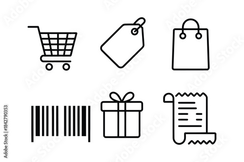 A set of line icons representing various elements of shopping and e-commerce transactions