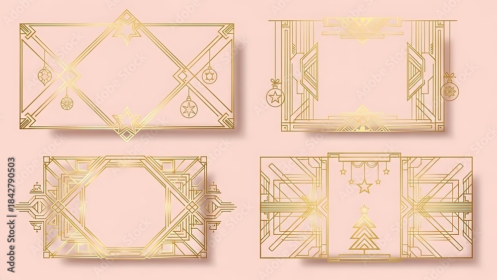 Obraz premium Four golden art deco frames with festive ornaments on pink background geometric