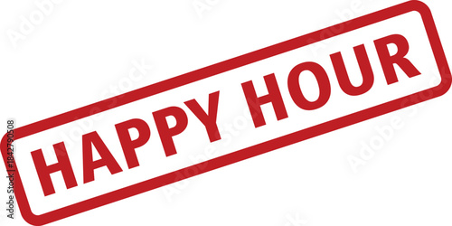 Angled Red Happy Hour Stamp with Rounded Rectangle Border on a White Background