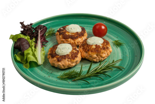 Grilled salmon patties with sauce and herbs on green plate isolated on a transparent background