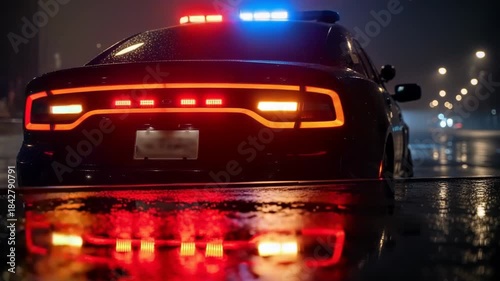 Police Car with Flashing Lights at Night on Wet Street.