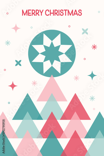 Colourful Christmas poster with geometric decorations. Abstract festive tree, decorated bauble and snowflakes. Vector illustration