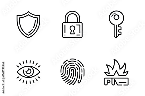 A set of line art icons for digital security, protection, and access control