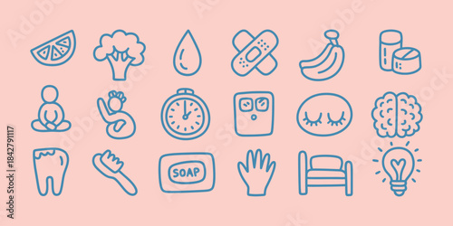 Hand drawn health wellness and hygiene doodle icon set with food fitness mindfulness sleep and medical elements in simple line art style