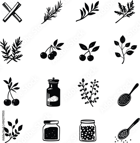 Monochrome Vector Illustration of Herbs, Spices, and Culinary Elements Depicted in Minimalist Silhouettes Featuring Cinnamon Sticks, Rosemary, Olive Branch, Parsley, Thyme, Cherries, Peppercorns, 