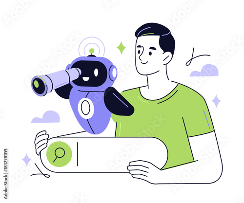 Generative search vector. Man with ai robot assistant explore the internet, analyze queries and improve visibility results. Outline isometric illustration.