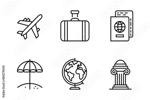 A collection of travel and tourism related line icons including airplane, passport, and suitcase