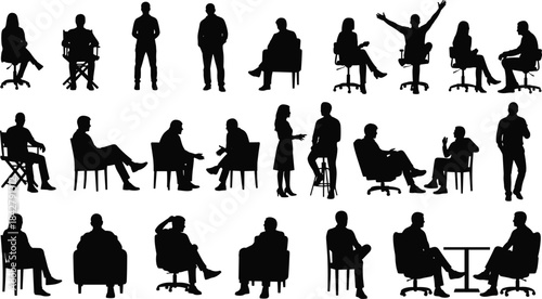 PrintSeated and standing silhouettes, chair poses, conversation gesture, black vector, body language, posture study, human interaction, design reference, grid layout