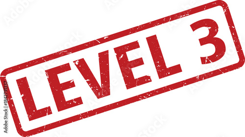Distressed Red Level 3 Stamp on White Background, Rectangular Shape, Angled Perspective