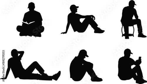 Seated and reclining silhouettes, black vector, relaxed poses, reading, phone use, stool, white background, casual posture, body language