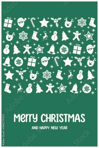 Retro Christmas greeting card with festive decorations. Vector illustration