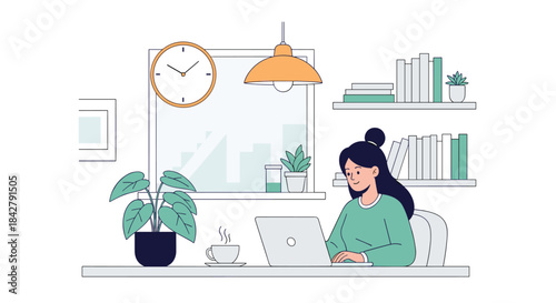 Young woman working from home on her laptop in a well-organized and comfortable workspace with natural light.