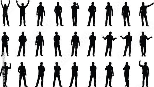 Silhouette grid of expressive standing poses, black figures, white background, gesture diversity, body language, character design, animation reference, posture set