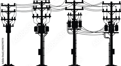 Utility poles, power lines, electrical transformers, silhouette design, energy infrastructure, distribution network, rural grid, insulators, electric system, infrastructure art
