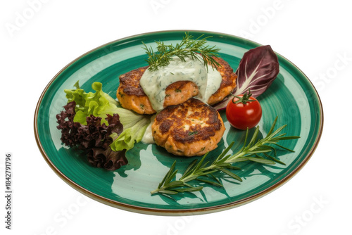 Grilled salmon patties with white sauce and herbs on green... isolated on a transparent background
