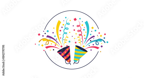 Colorful confetti bursts from party poppers in a joyful celebration, creating a festive atmosphere for events and holidays.
