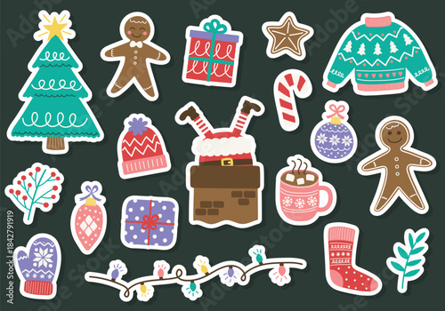 Colourful Christmas sticker set. Festive tree, ball, present, sock, cookie, cup, hat, sweater, gloves. Vector illustration