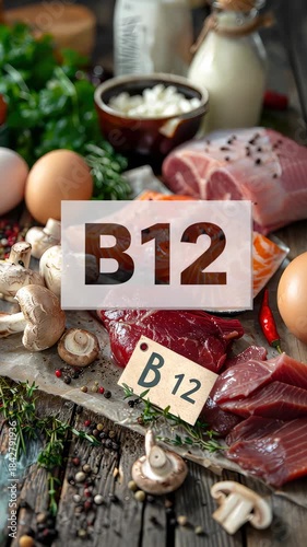 Vitamin B12 products on the table. Selective focus. food.
