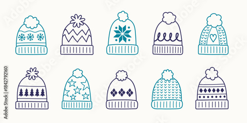 Collection of winter hats in cartoon style. Vector illustration