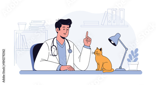 A smiling male veterinarian in a white coat sits at his desk, giving advice to an orange cat, symbolizing pet care and consultation.