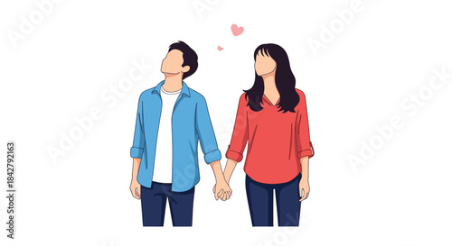 A loving couple stands together, holding hands and looking up into the sky, with small hearts indicating their affection for each other.