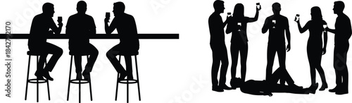 Silhouette people drinking at bar, party crowd with drinks, nightlife celebration, social gathering, alcohol scene, dramatic moment, black illustrationPrint
