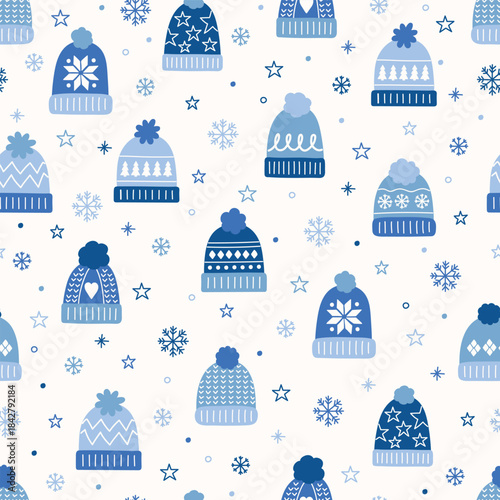 Cute hand drawn winter hat background. Design of a Christmas seamless pattern. Vector illustration