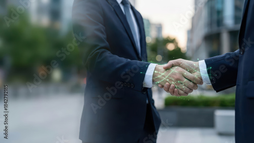 Green finance and ESG partnership handshake, symbolizing crucial environmental partnership and sustainable business investment, high tech corporate collaboration