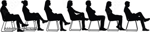PrinSilhouette people seated, waiting area, interview line, seminar attendees, posture study, chairs in row, abstract figures, human arrangement, minimalist conceptt