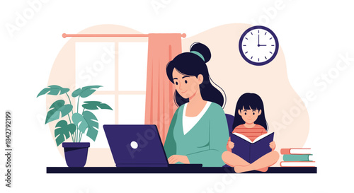 A mother works on her laptop in a home office setup, with her child quietly reading a book nearby, illustrating modern family life and remote work dynamics.